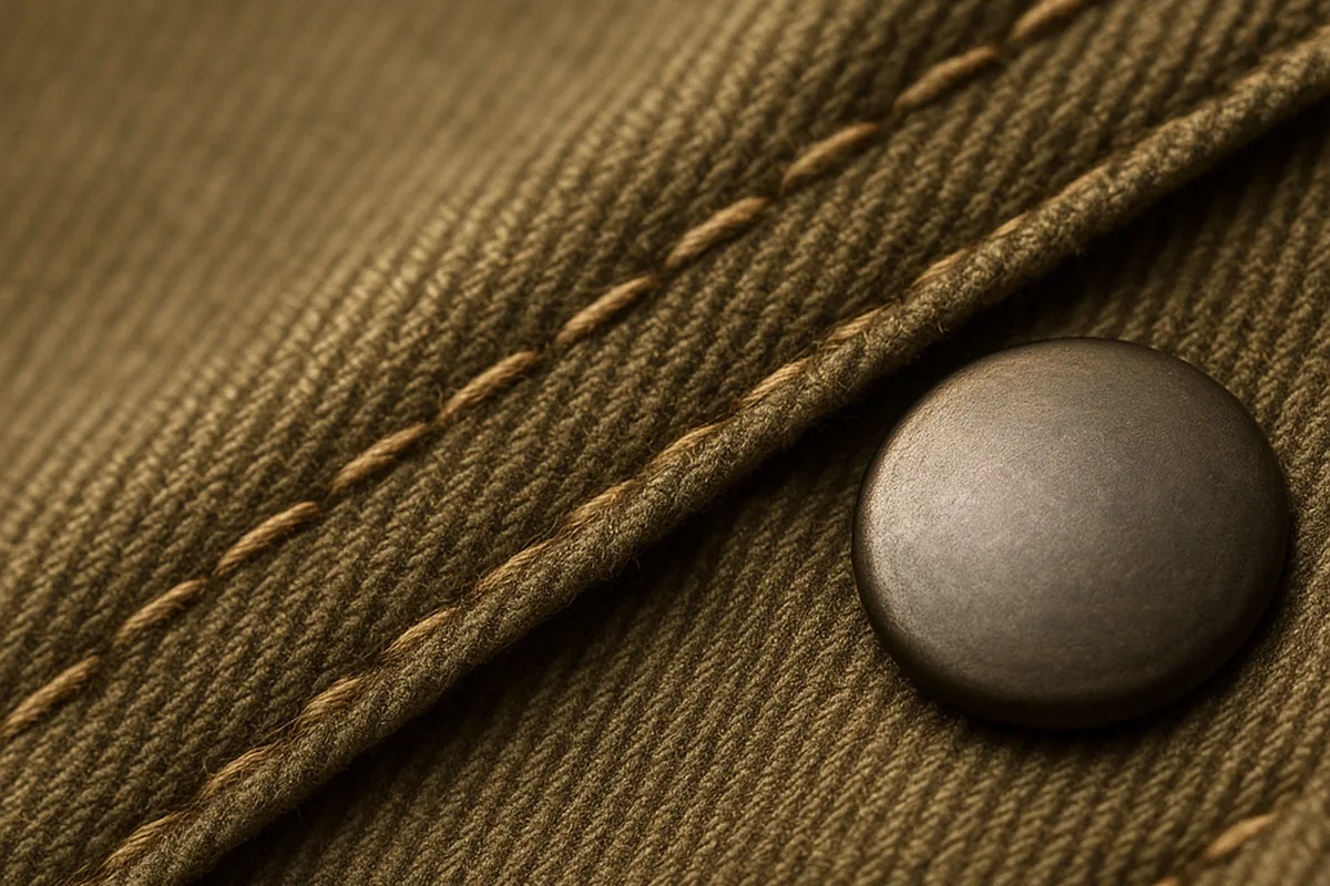 Détail du tissu kaki et des coutures d'un vêtement